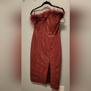 Leather Look With Detachable Feathers RED Dress